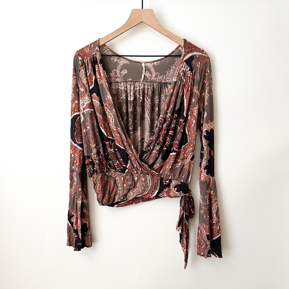 Free People Bohemian Chic Long Bell Sleeve Side Tie V-Neck Top Size XS